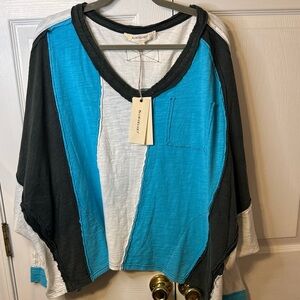 Blue Velvet Colorblock V‑Neck Shirt in Teal, Black & White